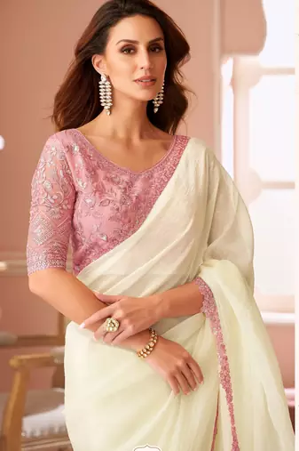 White georgette designer lace border saree with heavy work blouse for wedding party