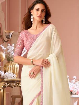 White georgette designer lace border saree with heavy work blouse for wedding party 3