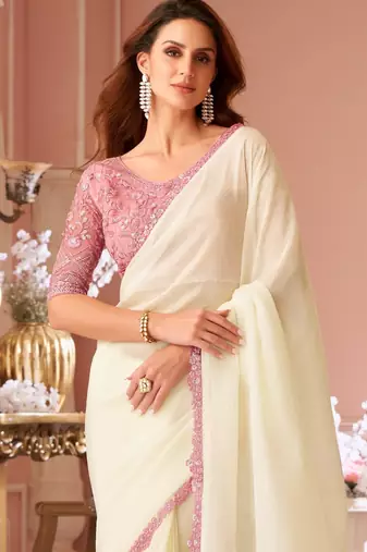 White georgette designer lace border saree with heavy work blouse for wedding party