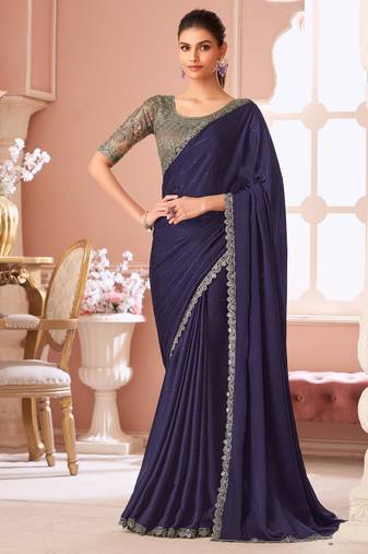 Dark indigo satin  designer lace border saree with heavy work blouse for wedding party