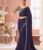 Dark indigo satin  designer lace border saree with heavy work blouse for wedding party