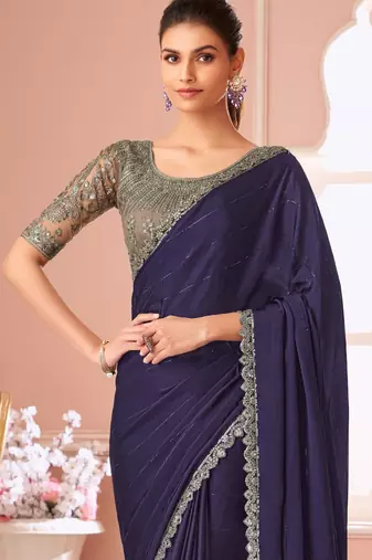 Dark indigo satin  designer lace border saree with heavy work blouse for wedding party
