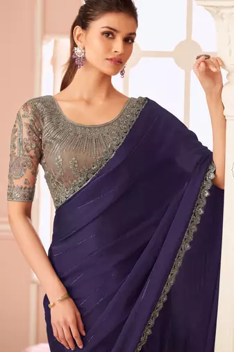 Dark indigo satin  designer lace border saree with heavy work blouse for wedding party