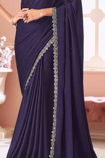 Dark indigo satin  designer lace border saree with heavy work blouse for wedding party