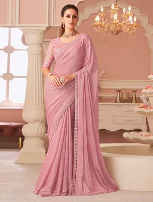 Pink georgette designer lace border saree with heavy work blouse for wedding party 1