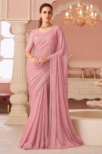 Pink georgette designer lace border saree with heavy work blouse for wedding party