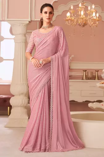 Pink georgette designer lace border saree with heavy work blouse for wedding party