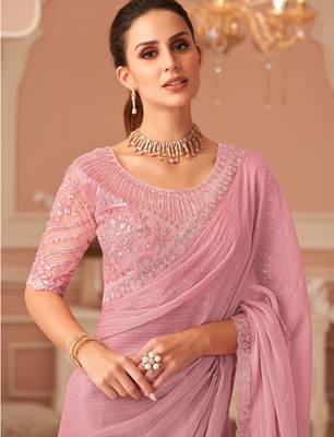Pink georgette designer lace border saree with heavy work blouse for wedding party 2