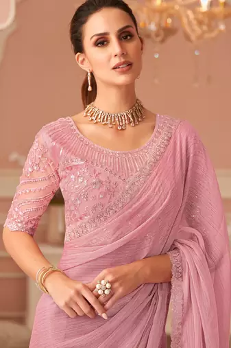Pink georgette designer lace border saree with heavy work blouse for wedding party