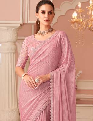 Pink georgette designer lace border saree with heavy work blouse for wedding party 3