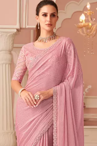 Pink georgette designer lace border saree with heavy work blouse for wedding party