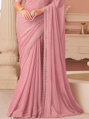 Pink georgette designer lace border saree with heavy work blouse for wedding party 4