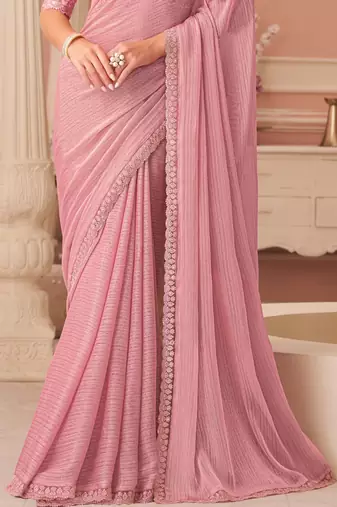 Pink georgette designer lace border saree with heavy work blouse for wedding party