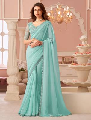 Celsete light sky blue georgette designer lace border saree with heavy work blouse for wedding party 1