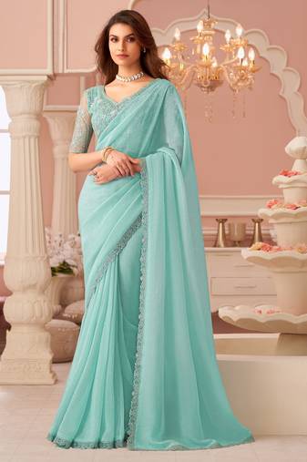 Celsete light sky blue georgette designer lace border saree with heavy work blouse for wedding party