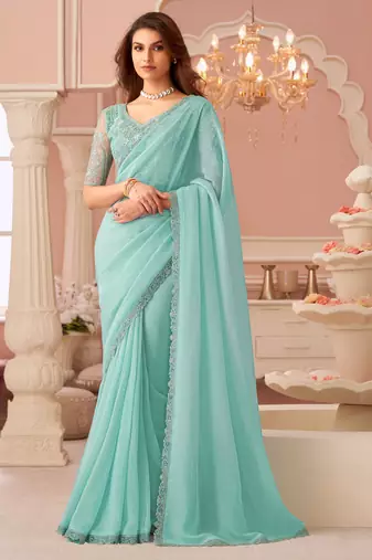 Celsete light sky blue georgette designer lace border saree with heavy work blouse for wedding party