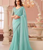 Celsete light sky blue georgette designer lace border saree with heavy work blouse for wedding party