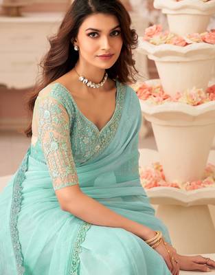 Celsete light sky blue georgette designer lace border saree with heavy work blouse for wedding party 2