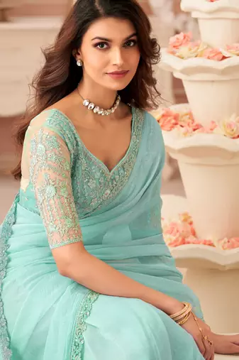 Celsete light sky blue georgette designer lace border saree with heavy work blouse for wedding party
