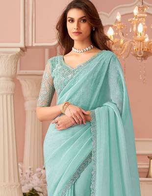 Celsete light sky blue georgette designer lace border saree with heavy work blouse for wedding party 3