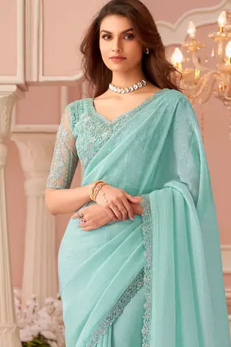 Celsete light sky blue georgette designer lace border saree with heavy work blouse for wedding party