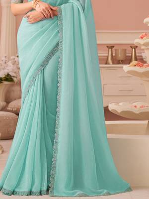 Celsete light sky blue georgette designer lace border saree with heavy work blouse for wedding party 4