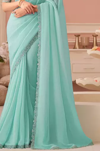 Celsete light sky blue georgette designer lace border saree with heavy work blouse for wedding party