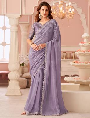 Lilac georgette designer lace border saree with heavy work blouse for wedding party 1