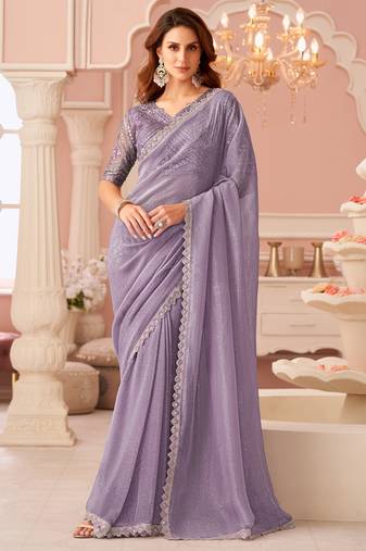 Lilac georgette designer lace border saree with heavy work blouse for wedding party