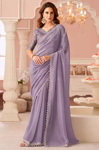 Lilac georgette designer lace border saree with heavy work blouse for wedding party