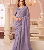 Lilac georgette designer lace border saree with heavy work blouse for wedding party