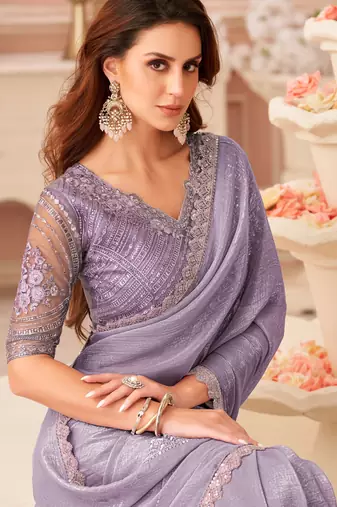 Lilac georgette designer lace border saree with heavy work blouse for wedding party