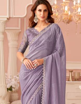 Lilac georgette designer lace border saree with heavy work blouse for wedding party 3