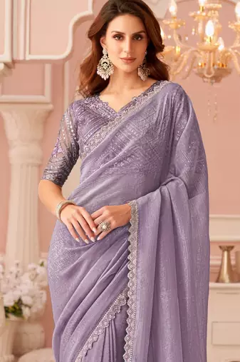 Lilac georgette designer lace border saree with heavy work blouse for wedding party