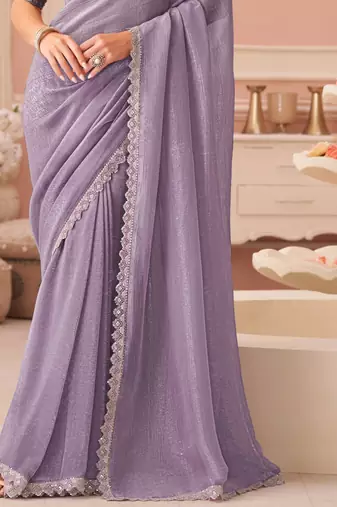 Lilac georgette designer lace border saree with heavy work blouse for wedding party