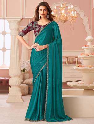 Pine green satin designer lace border saree with heavy work blouse for wedding party 1