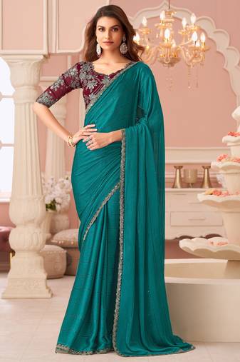 Pine green satin designer lace border saree with heavy work blouse for wedding party