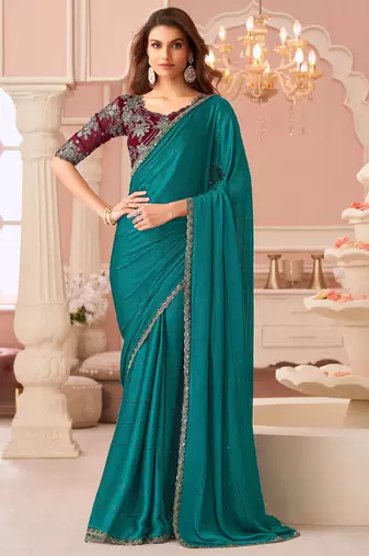 Pine green satin designer lace border saree with heavy work blouse for wedding party