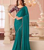 Pine green satin designer lace border saree with heavy work blouse for wedding party