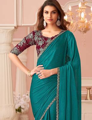 Pine green satin designer lace border saree with heavy work blouse for wedding party 2