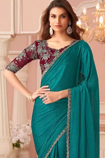 Pine green satin designer lace border saree with heavy work blouse for wedding party