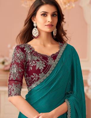 Pine green satin designer lace border saree with heavy work blouse for wedding party 3