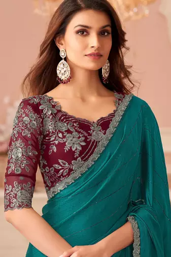Pine green satin designer lace border saree with heavy work blouse for wedding party