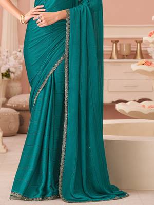 Pine green satin designer lace border saree with heavy work blouse for wedding party 4
