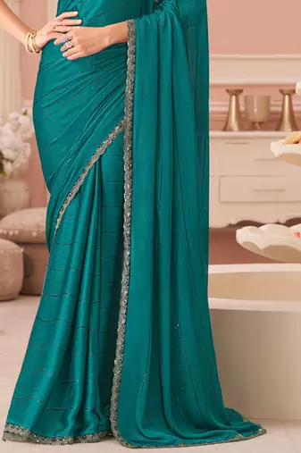 Pine green satin designer lace border saree with heavy work blouse for wedding party