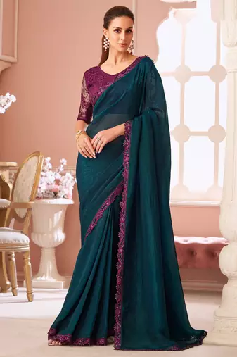 Peacock blue fancy fabric designer lace border saree with heavy work blouse for wedding party