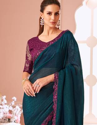 Peacock blue fancy fabric designer lace border saree with heavy work blouse for wedding party 2