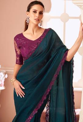 Peacock blue fancy fabric designer lace border saree with heavy work blouse for wedding party 3