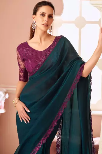 Peacock blue fancy fabric designer lace border saree with heavy work blouse for wedding party