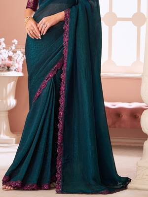 Peacock blue fancy fabric designer lace border saree with heavy work blouse for wedding party 4